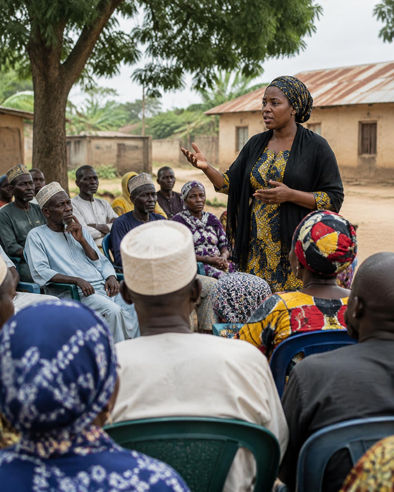 A woman addressing a seated community meeting outdoors
