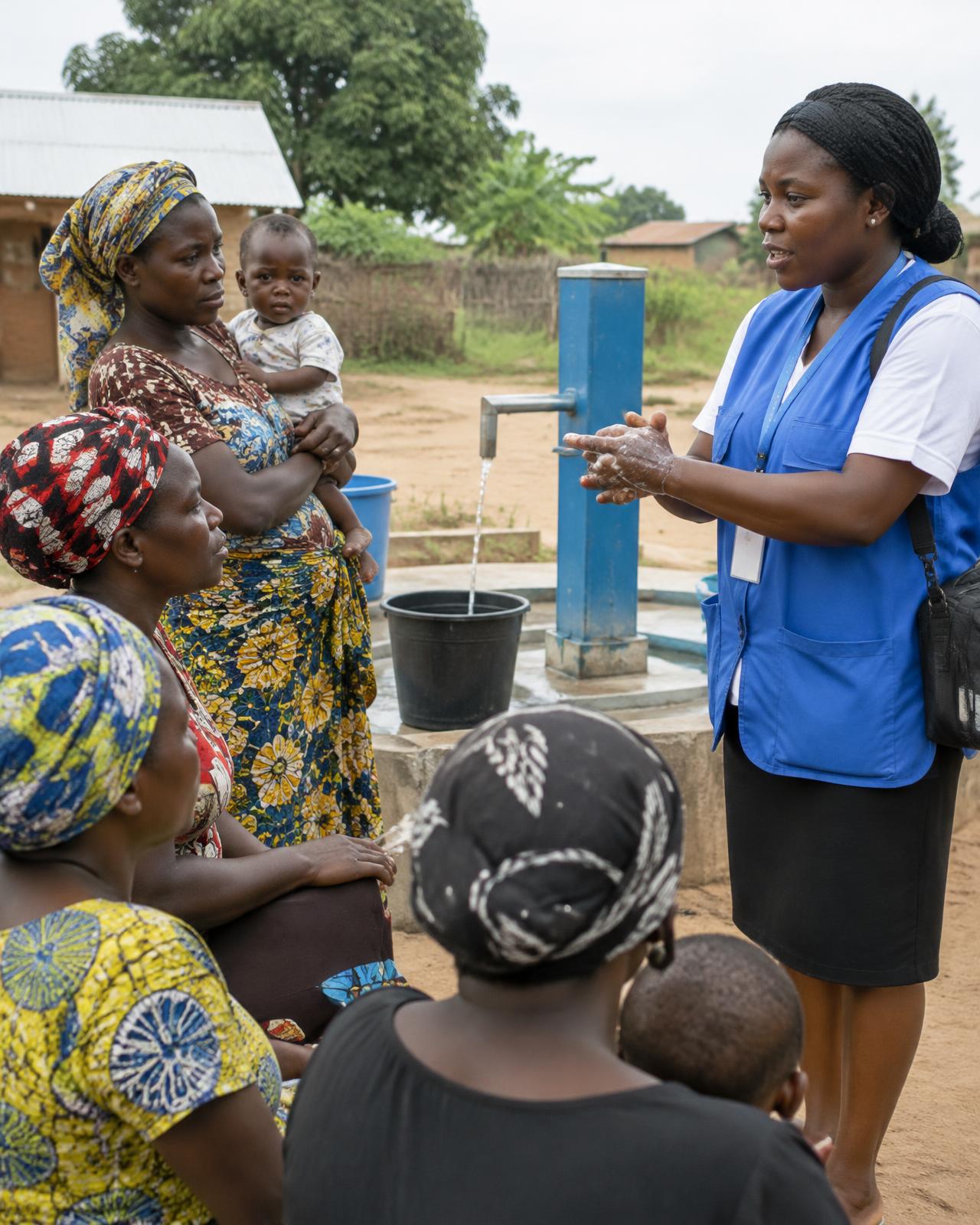 A health worker demonstrating handwashing to mothers beside a water pump