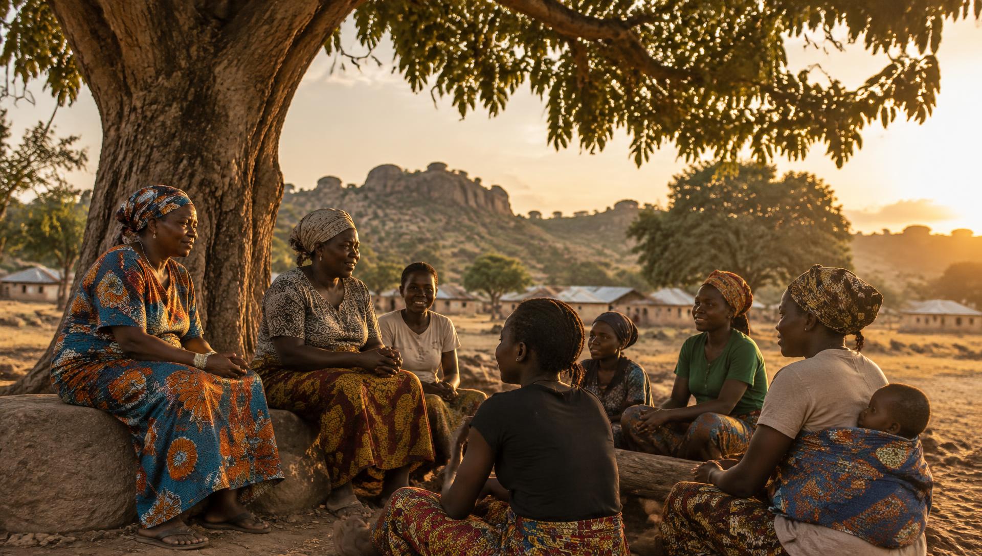 Women gathered under a large tree in a rural community at sunset