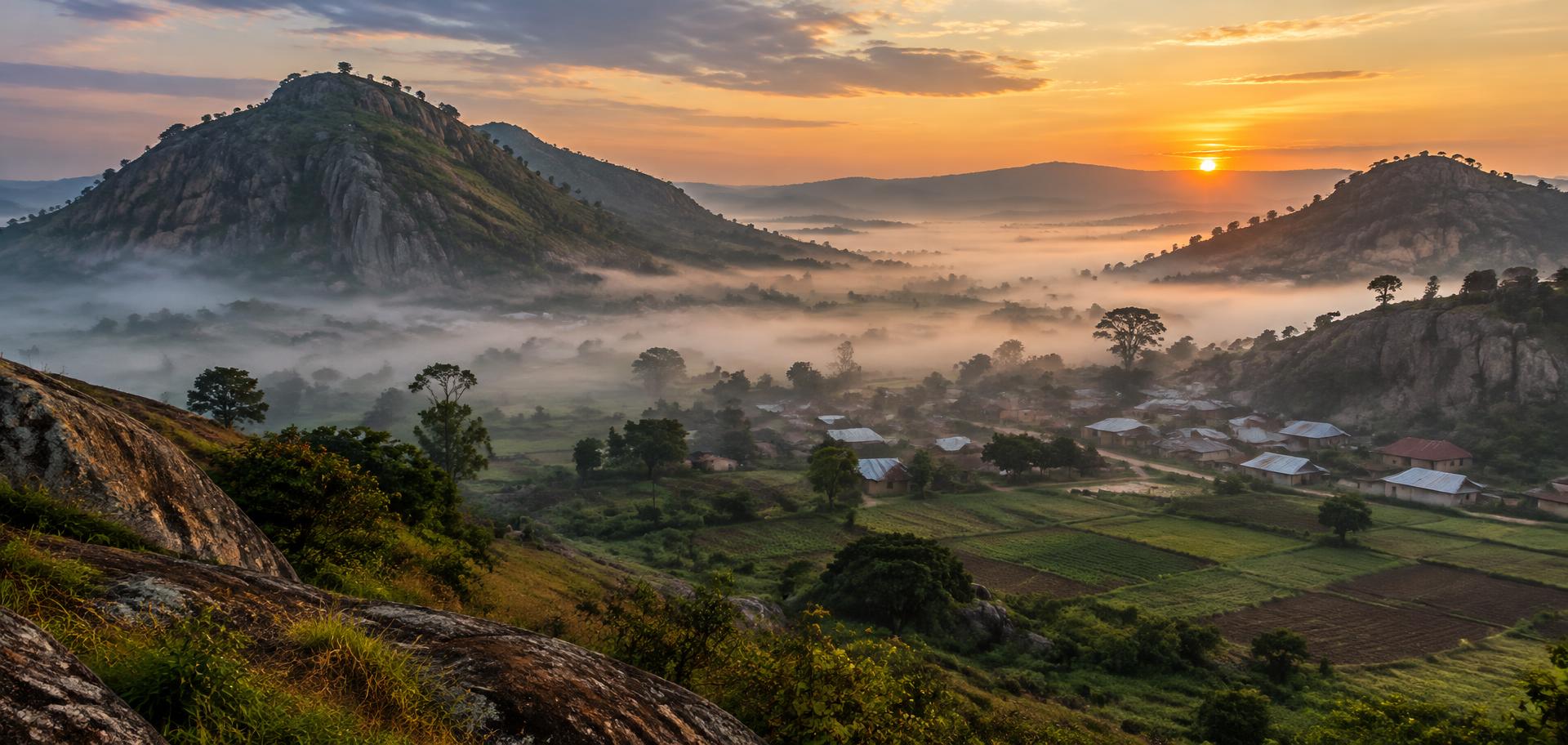 Misty hills and farmland around a village on the Plateau at dawn